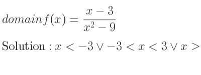 The domain of f(x)=(x-3)/(x^2-9) is x<-3\lor-3<x<3\lor x>3